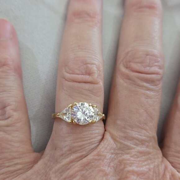 Round cut three stone ring. Simulated Round Stone Elevated Two Trillion Stones - Picture 9 of 9